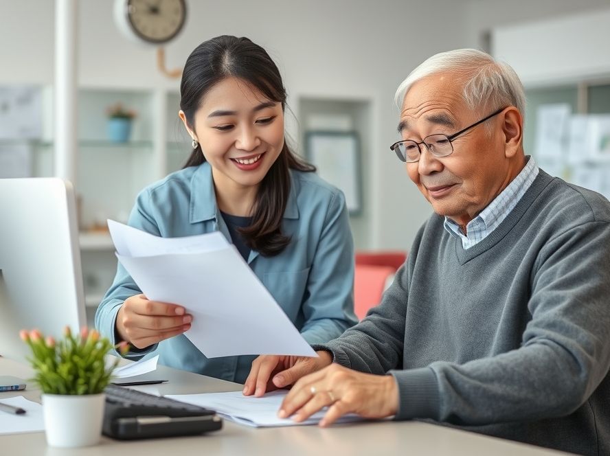 주민센터에서 직원의 도움을 받아 어르신이 신청하는 모습