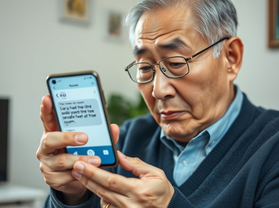 어르신이 금융 사기 문자에 주의하며 경계하는 모습