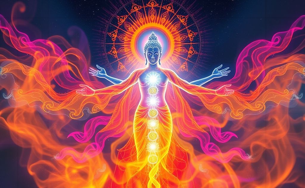 Kundalini energy flowing through a vibrant figure