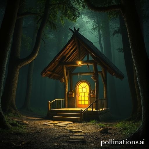 La fantástica cabaña de Baba Yagá sobre patas de gallina gigantes en un oscuro bosque eslavo, con una cerca de cráneos humanos