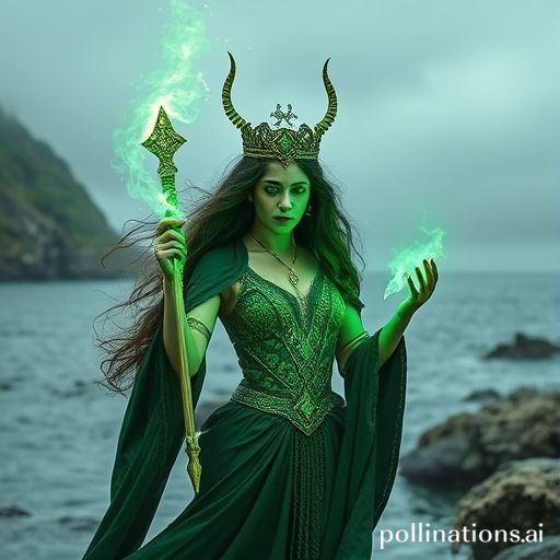 La hechicera Morgana le Fay de la leyenda artúrida, tejiendo un poderoso hechizo con energía verde brillante en la mística isla de Avalon