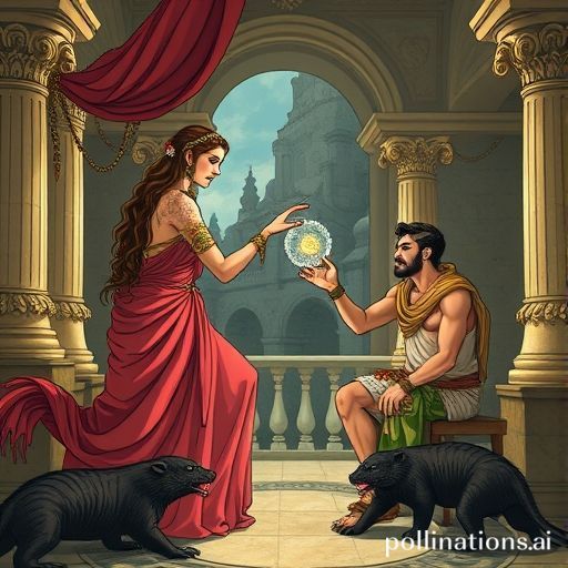 La hechicera griega Circe en su palacio, ofreciendo una poción mágica a un hombre, con cerdos en el fondo, estilo ilustración mítica clásica