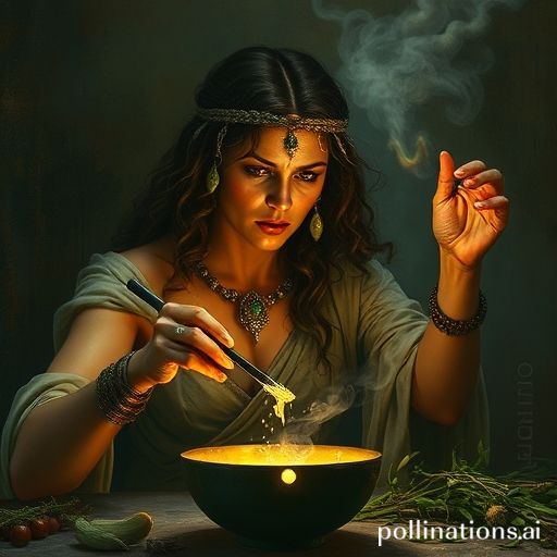 La trágica hechicera Medea de la mitología griega, preparando una poción oscura con hierbas venenosas, con una expresión de furia y dolor, estilo pintura clásica