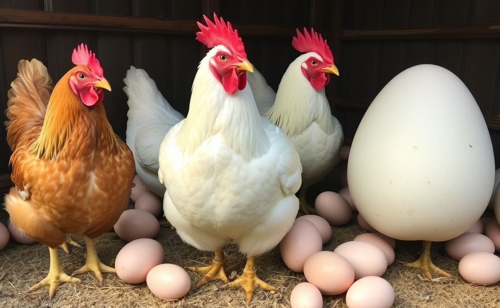 Large chickens with biggest eggs displayed