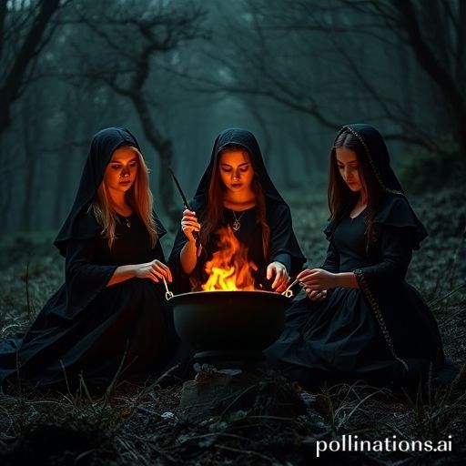 Las tres hermanas extrañas de Macbeth revolviendo un caldero en un páramo brumoso, estilo shakespeariano, oscuro y premonitorio