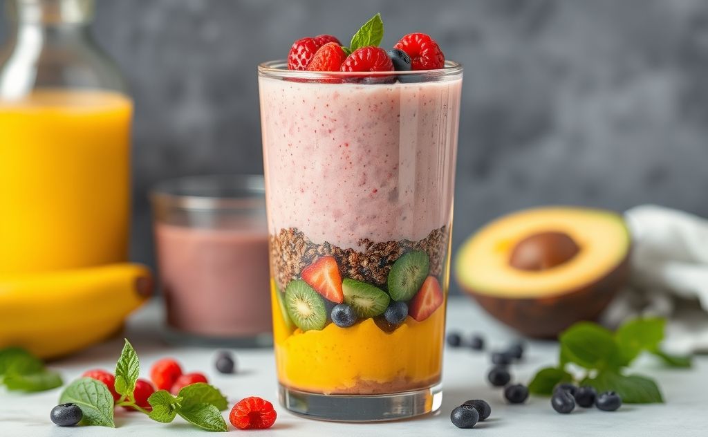 Layer colorful smoothie ingredients in a glass