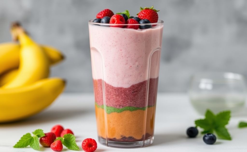 Layered smoothie in a clear Nutribullet cup