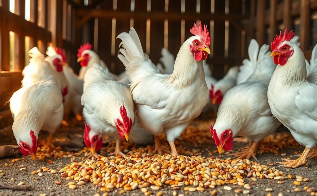 Leghorn chickens enjoying a variety of grains