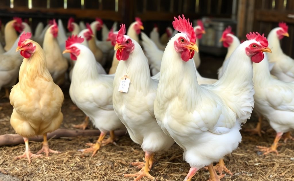 Leghorn chickens in a farm setting with price tags