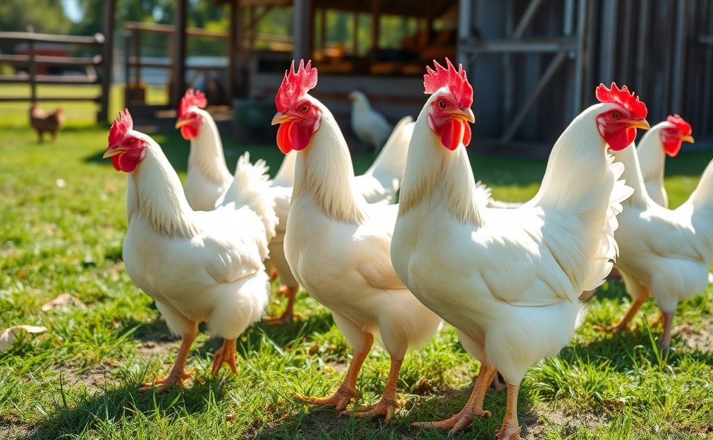 Leghorn chickens thriving in a sunny farm setting