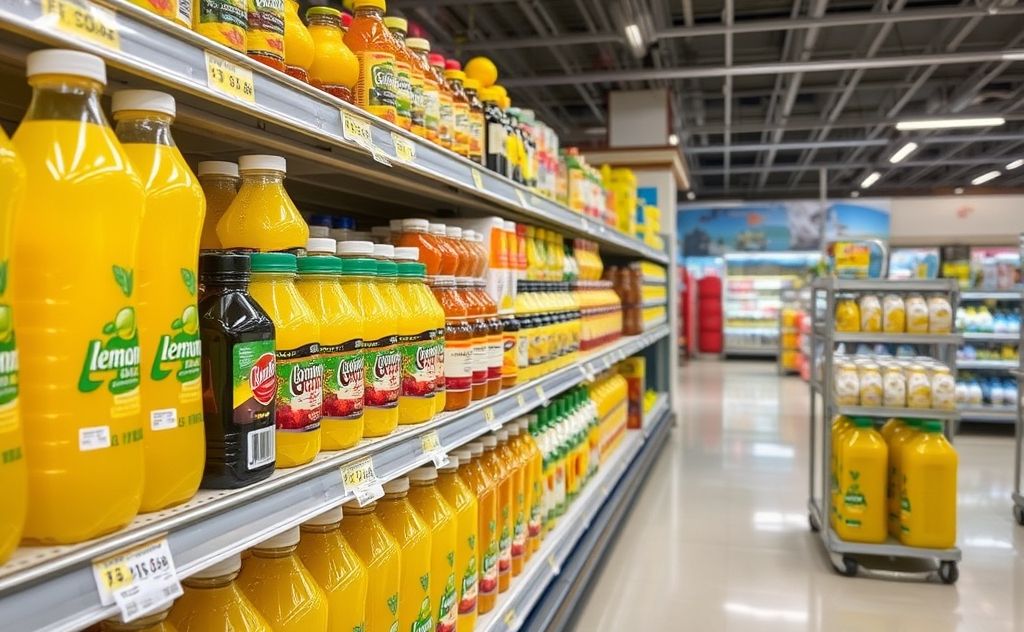 Lemon juice aisle near condiments and drinks