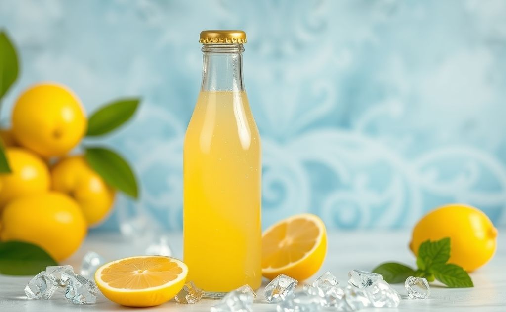 Lemon juice bottle with freshness and coolness theme