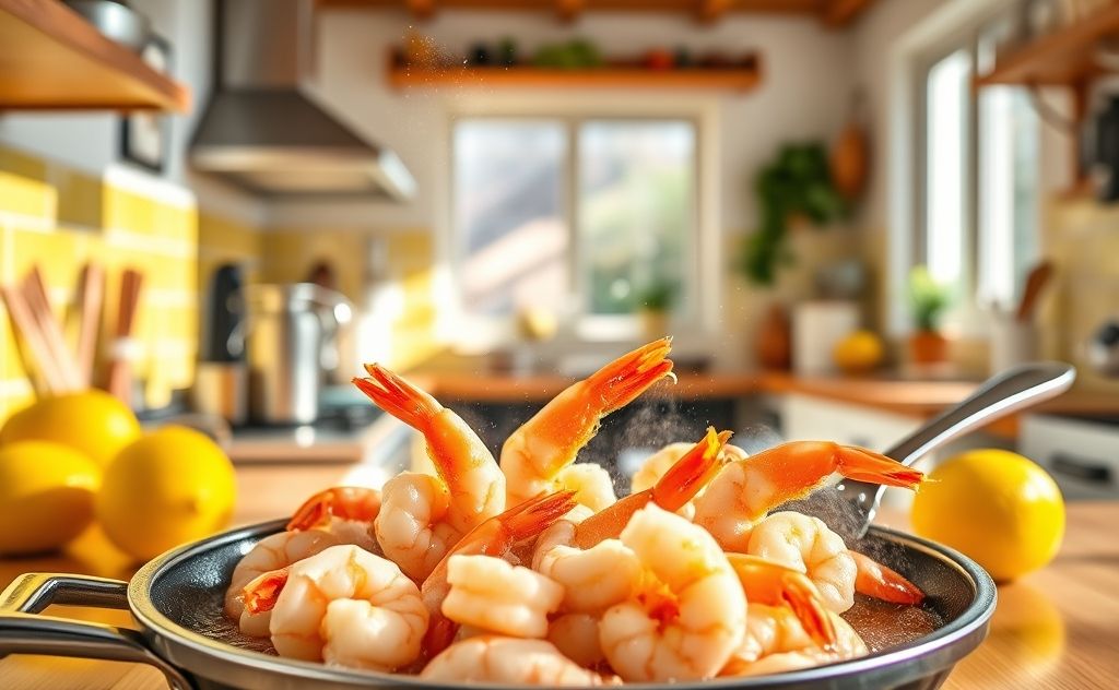 Lemon juice cooking shrimp in a vibrant kitchen