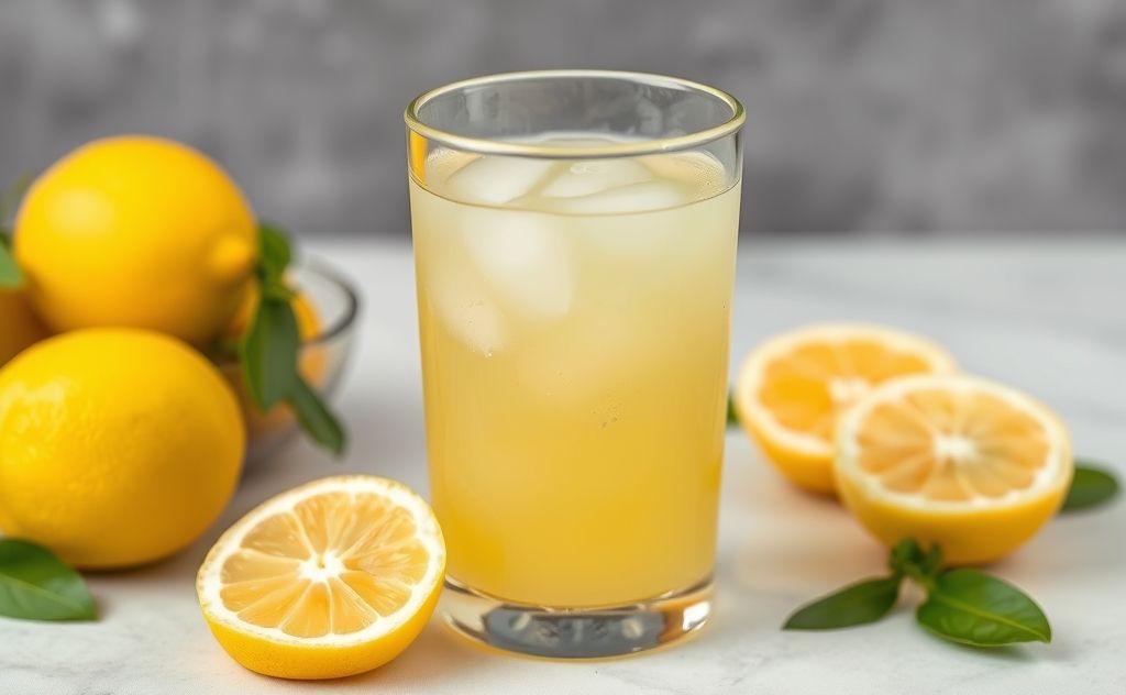 Lemon juice in a glass with fresh lemons nearby