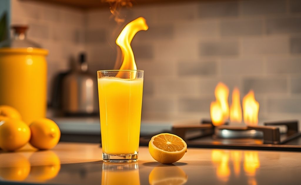 Lemon juice with fire elements in a kitchen setting