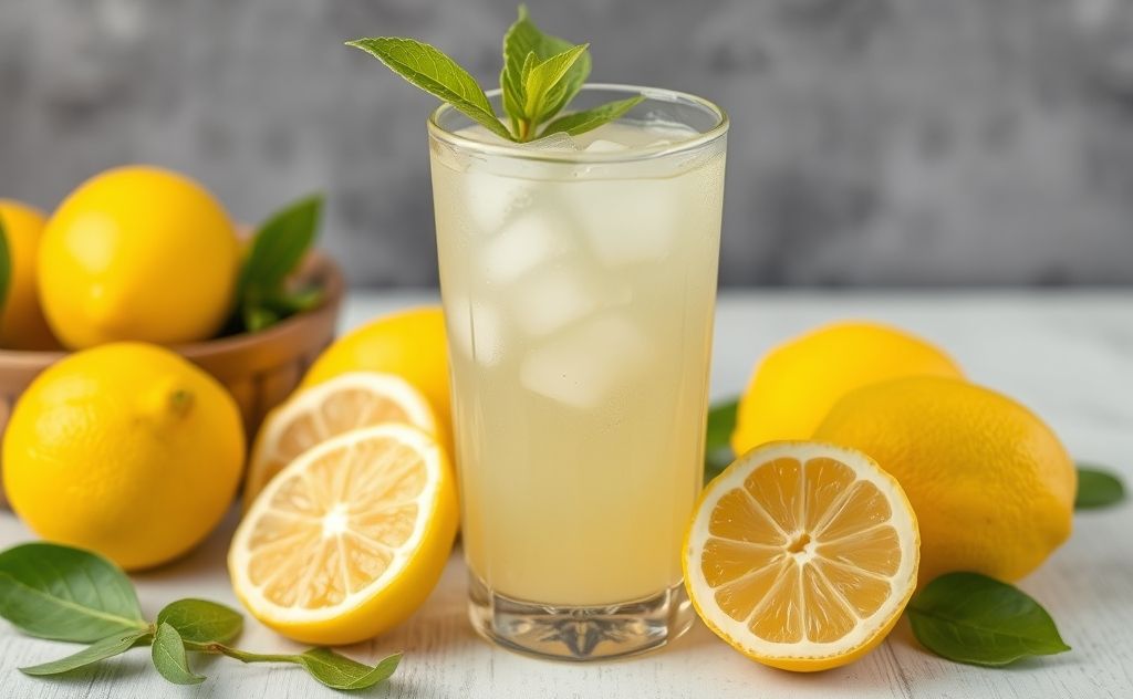 Lemonade in a glass with fresh lemons around it
