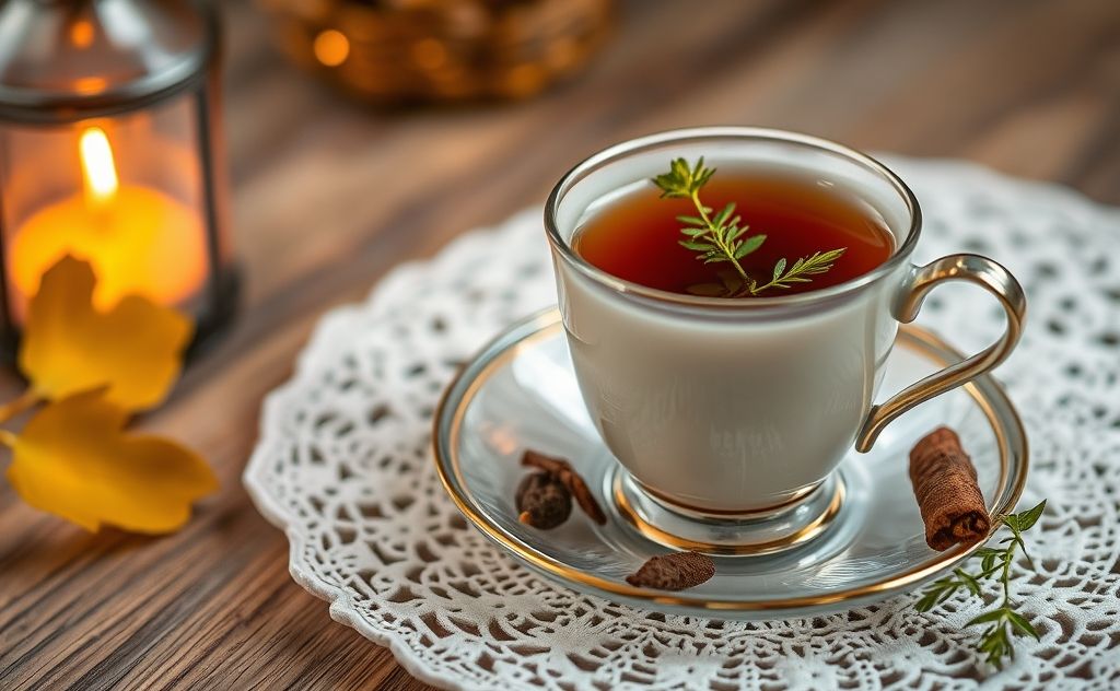 Licorice tea cup with herbs and warm ambiance