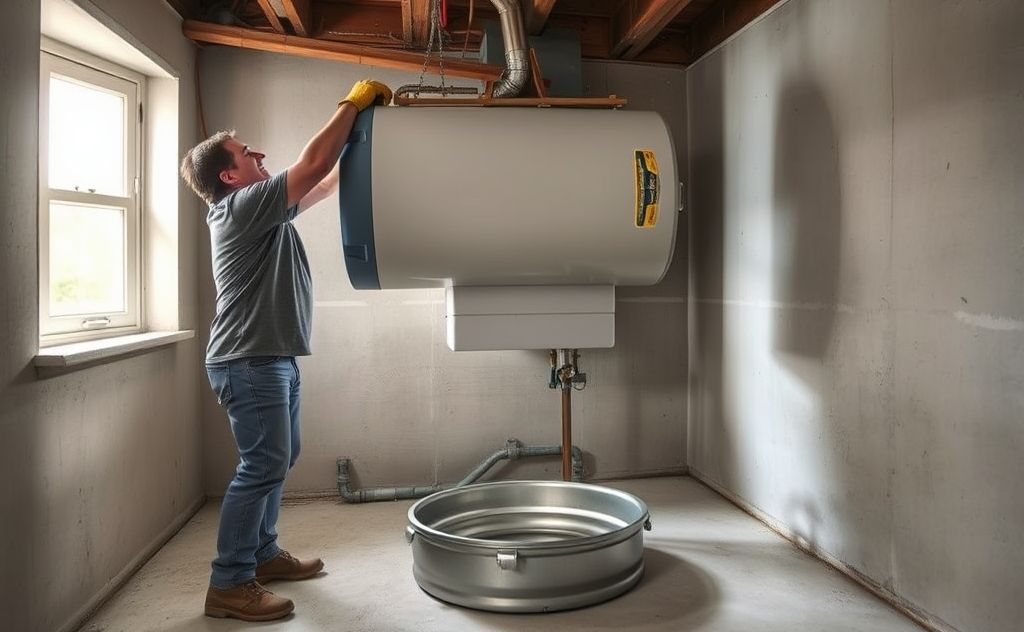 Lift a hot water heater into a drain pan safely