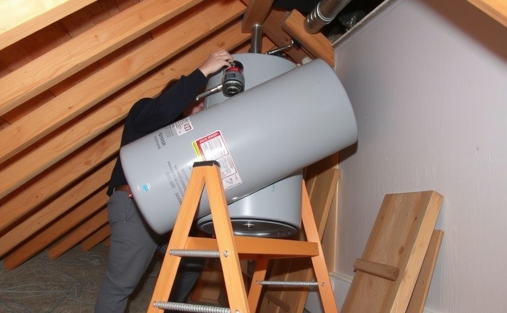Lift a water heater safely into an attic space