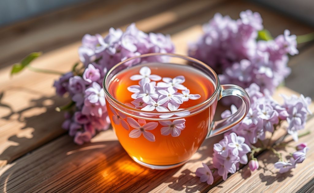 Lilac tea brewing with fresh lilac blossoms
