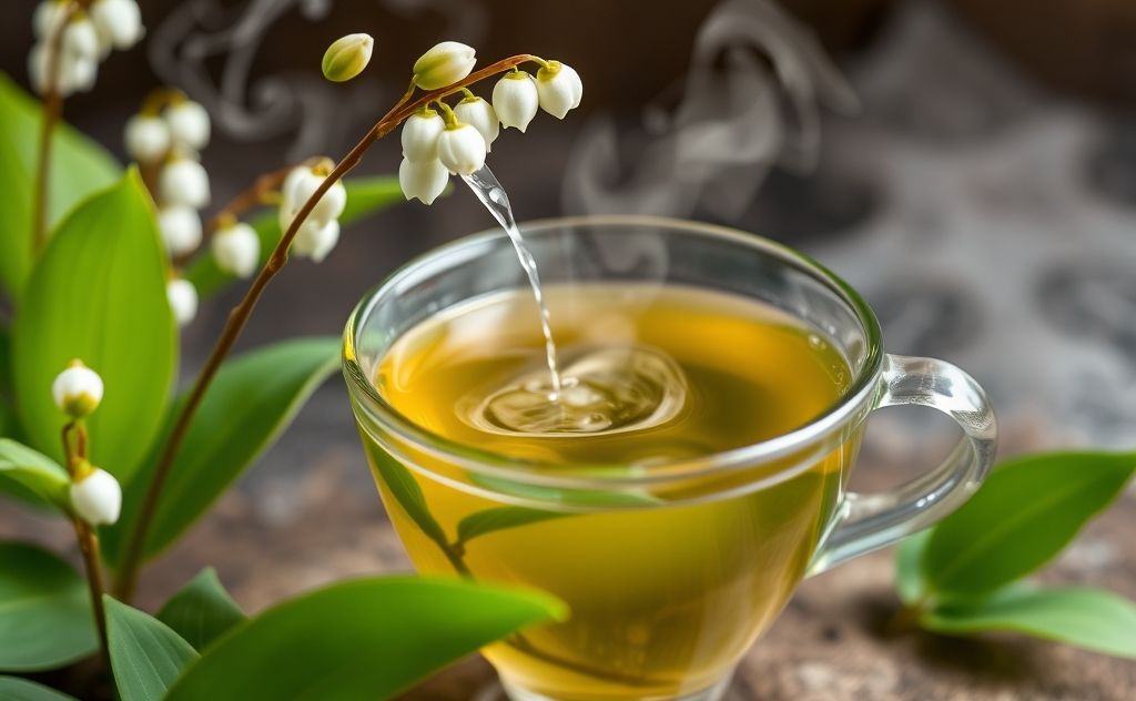 Lily of the Valley tea brewing process with leaves.