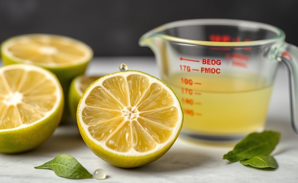 Lime halves with juice droplets and measuring cup