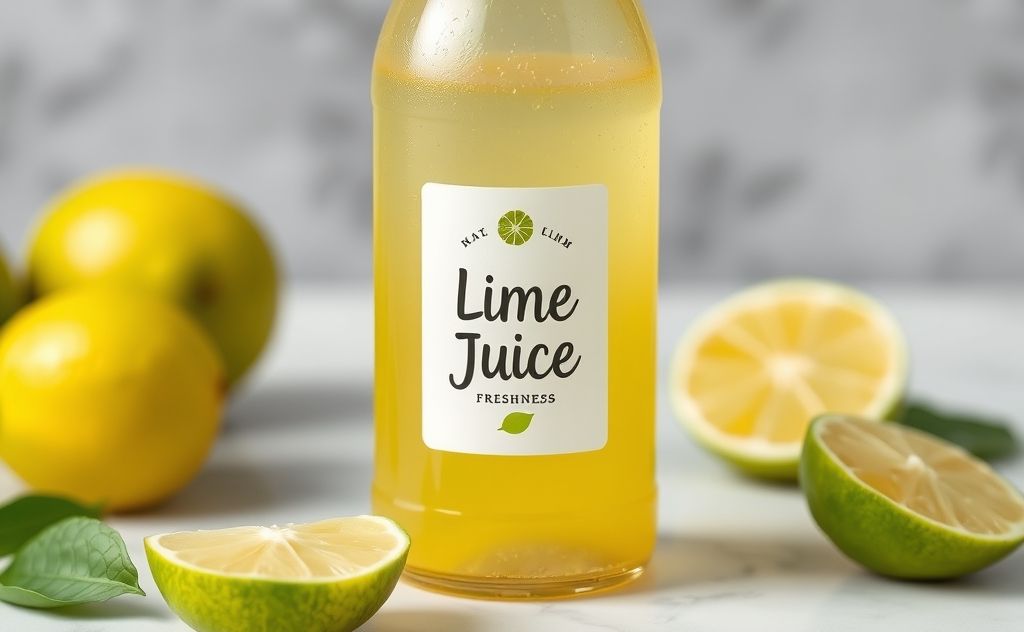 Lime juice in a bottle with a freshness label