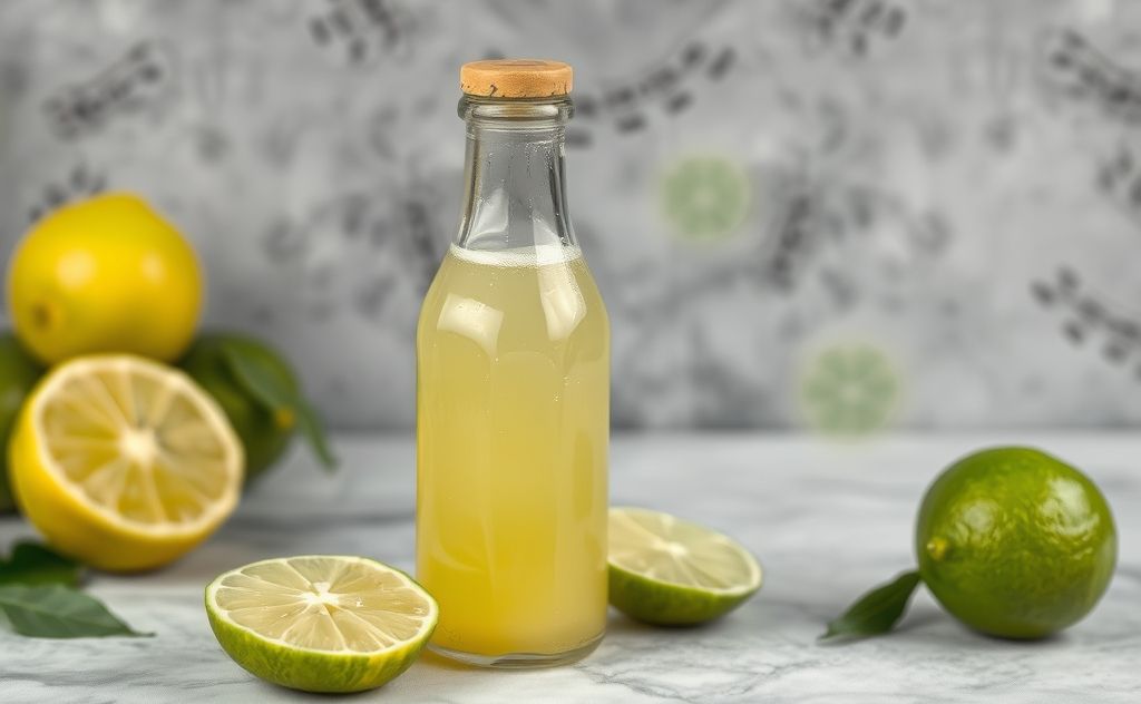 Lime juice in a bottle with bacteria symbols nearby