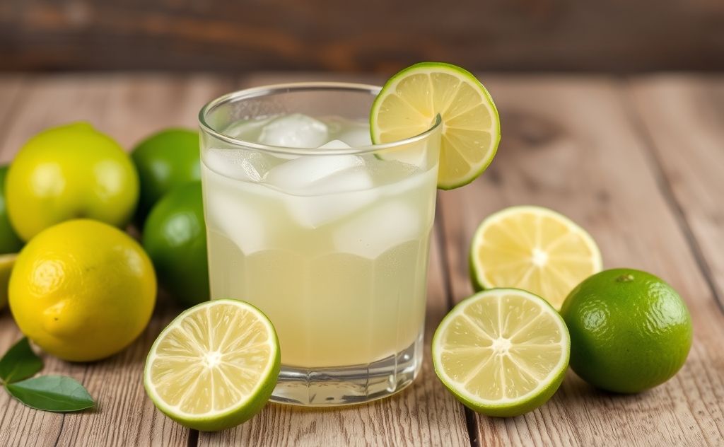 Lime juice with fresh limes on a wooden table