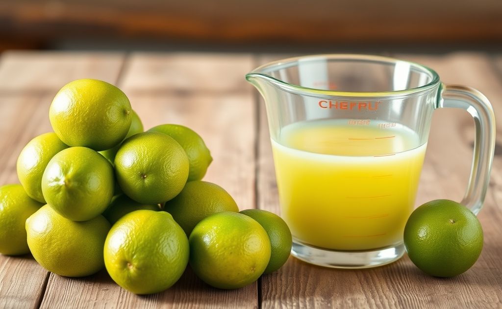 Limes stacked beside a measuring cup of juice