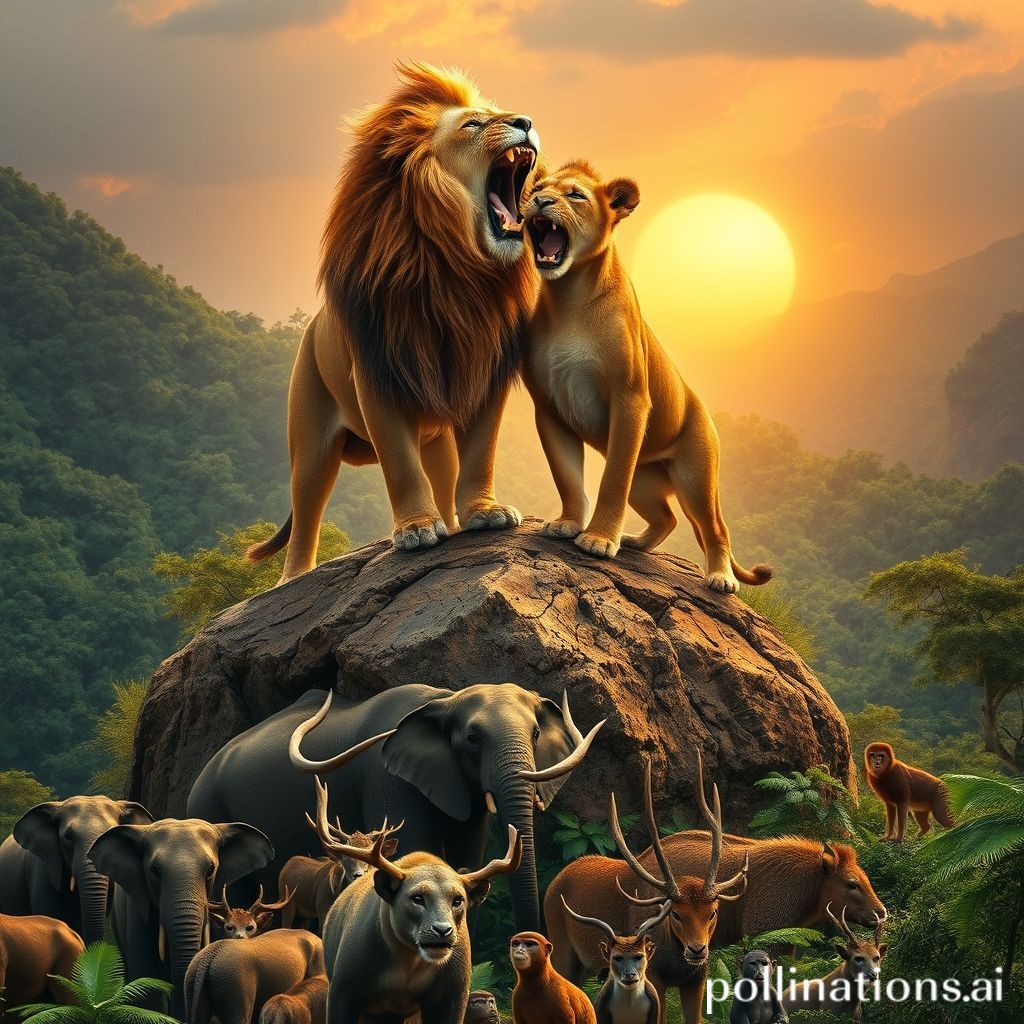 Lion and cub roaring from top of mountain in a jungle front of all animals realistic image