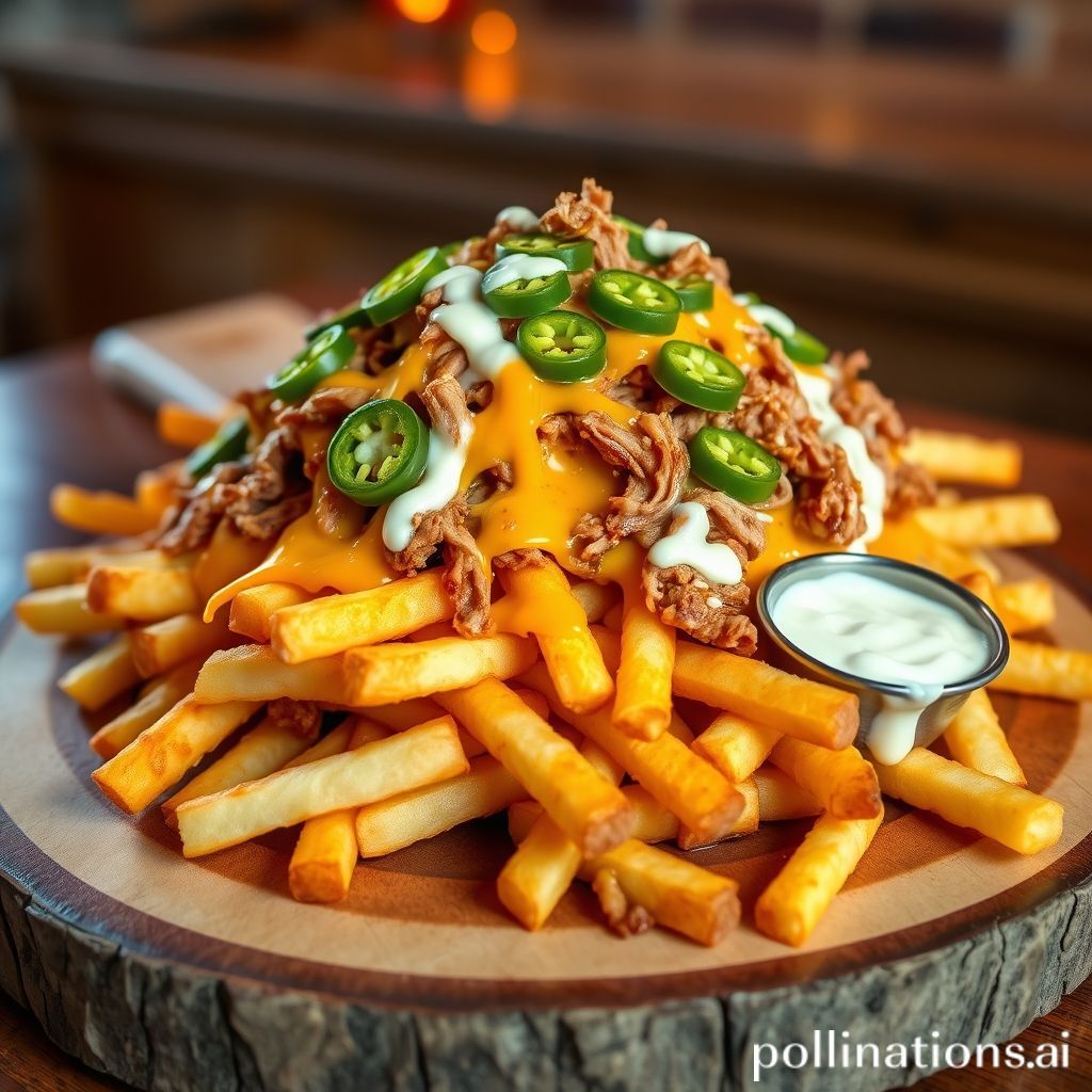 Image of loaded fries with cheese, jalapeños, pulled pork, and aioli