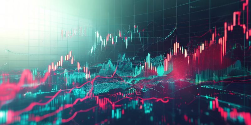 Long-term stock market growth chart demonstrating upward trends with strategic risk mitigation indicators.
