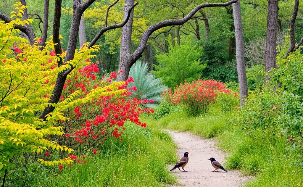 Lush birding trail surrounded by vibrant trees and diverse birds.
