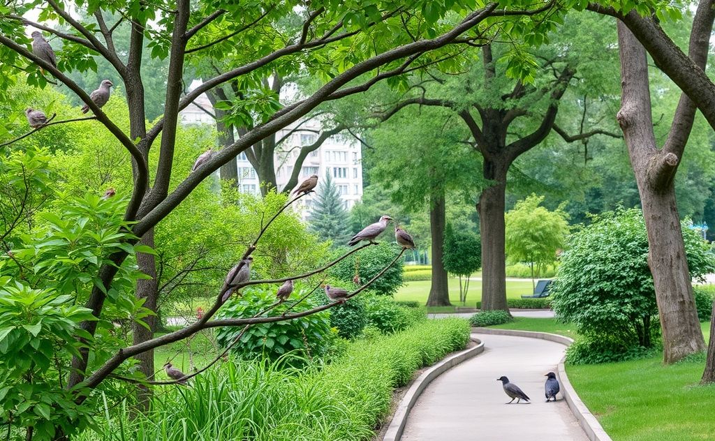 Lush city parks with diverse birds perched on trees and pathways.