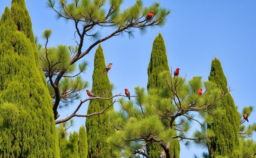 Lush cypress trees with vibrant birds perched among the branches.