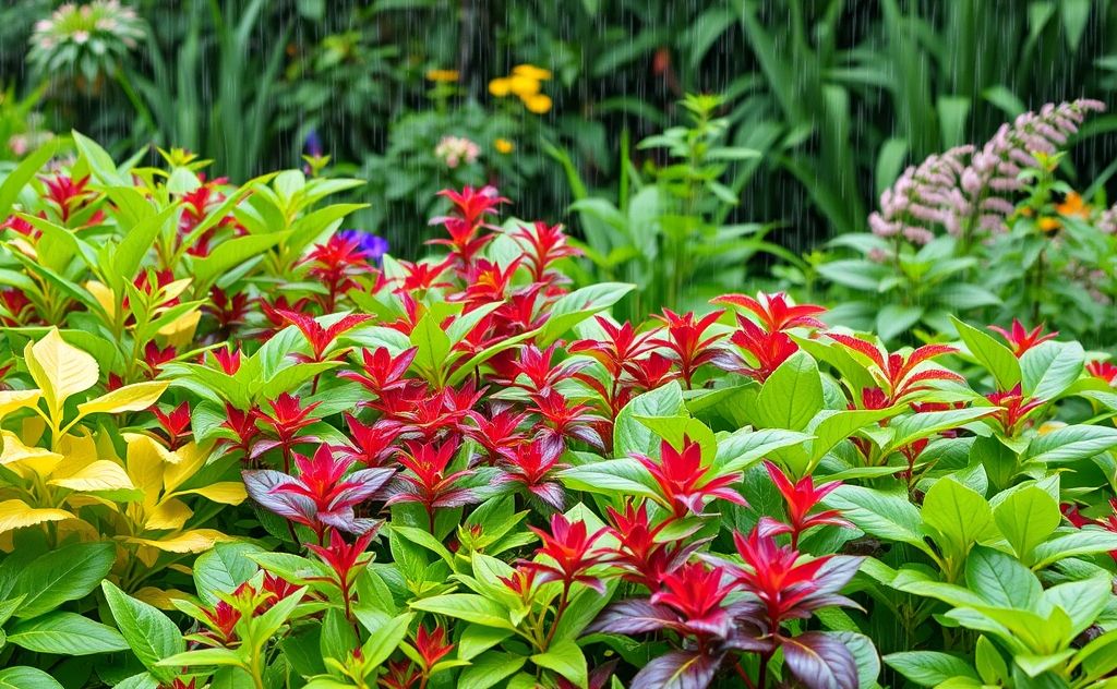 Lush garden with vibrant plants thriving in gentle rain.