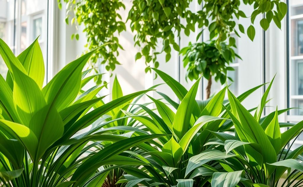 Lush green air-purifying plants in a bright indoor setting.