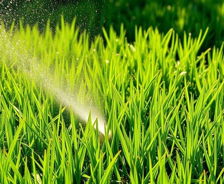 Lush green grass being watered during a summer heat wave.