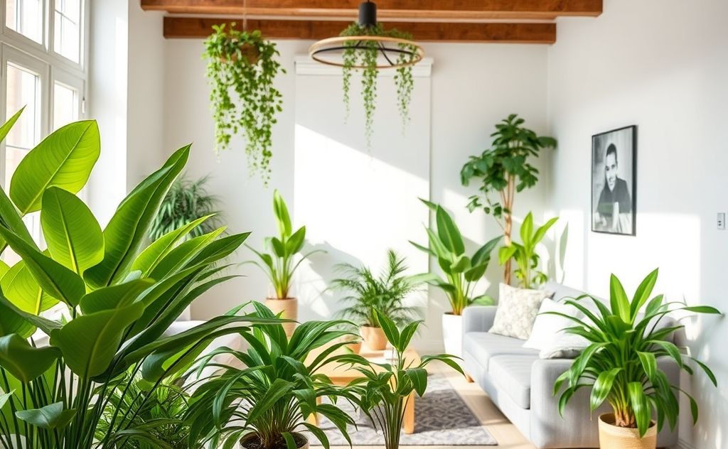 Lush indoor plants thriving in a bright, clean living space.