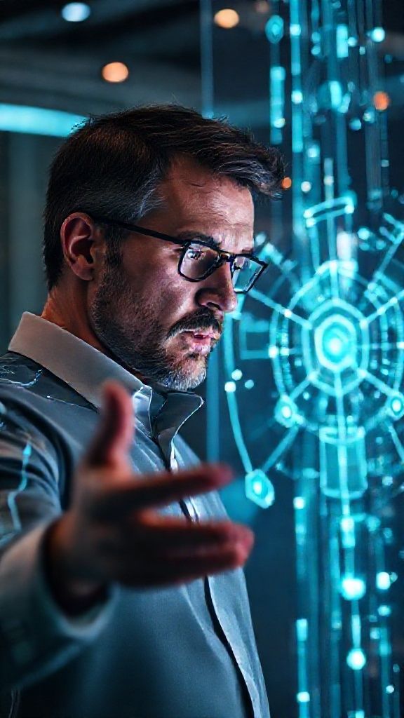 ภาพผู้บริหารควบคุมกลยุทธ์ AI โฮโลแกรม