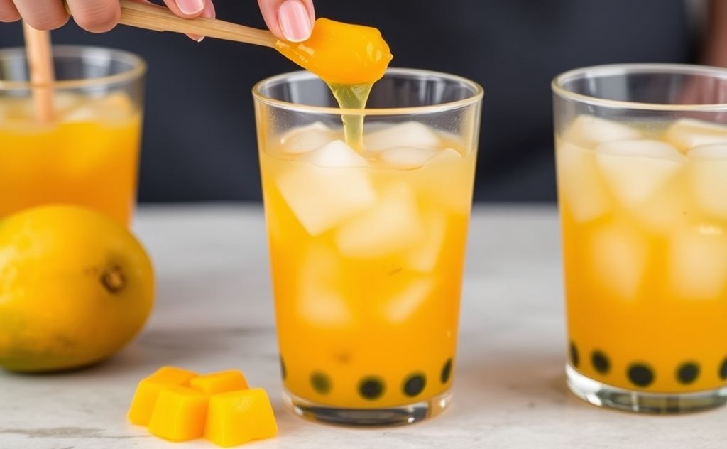 Mango jelly adds flavor and texture to bubble tea