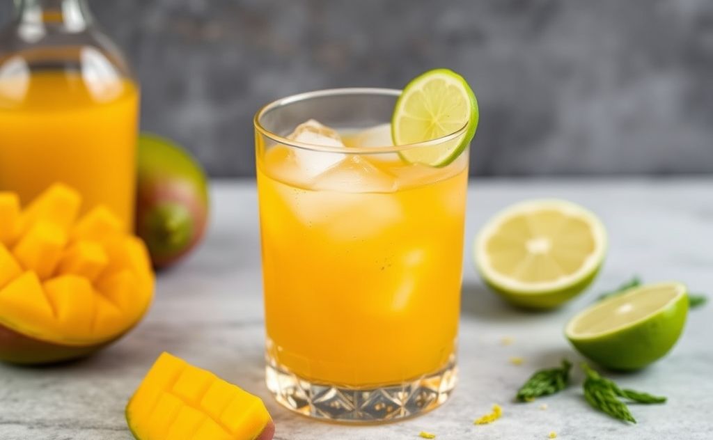 Mango juice cocktail with rum and lime zest