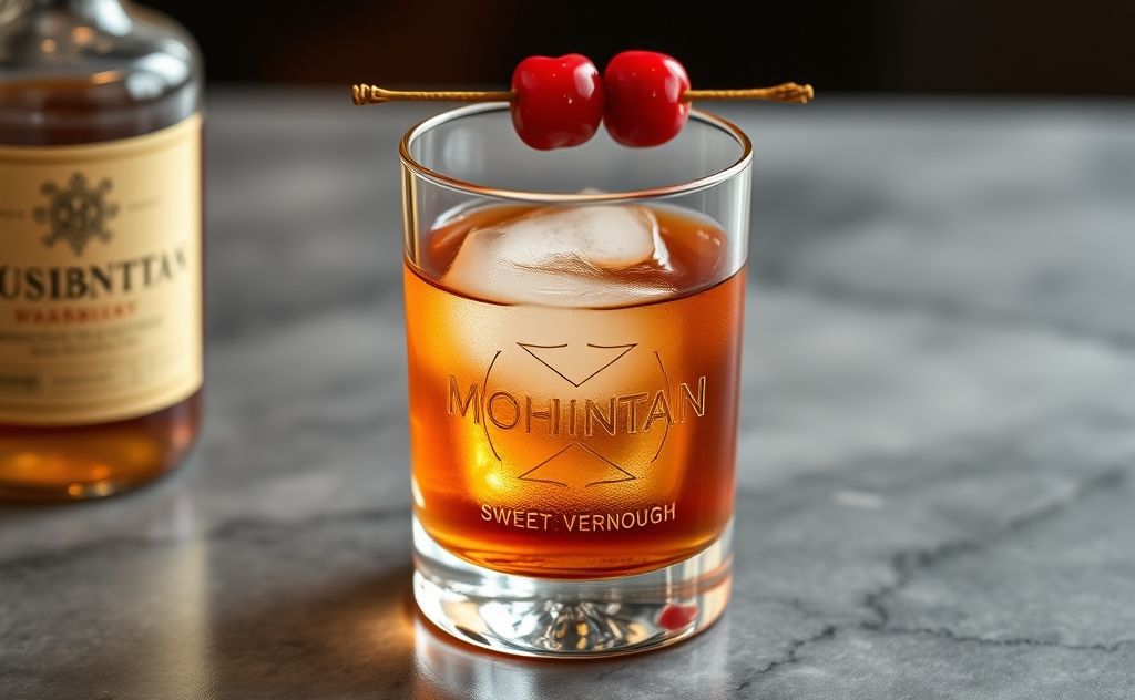 Manhattan cocktail with whiskey, sweet vermouth, cherry
