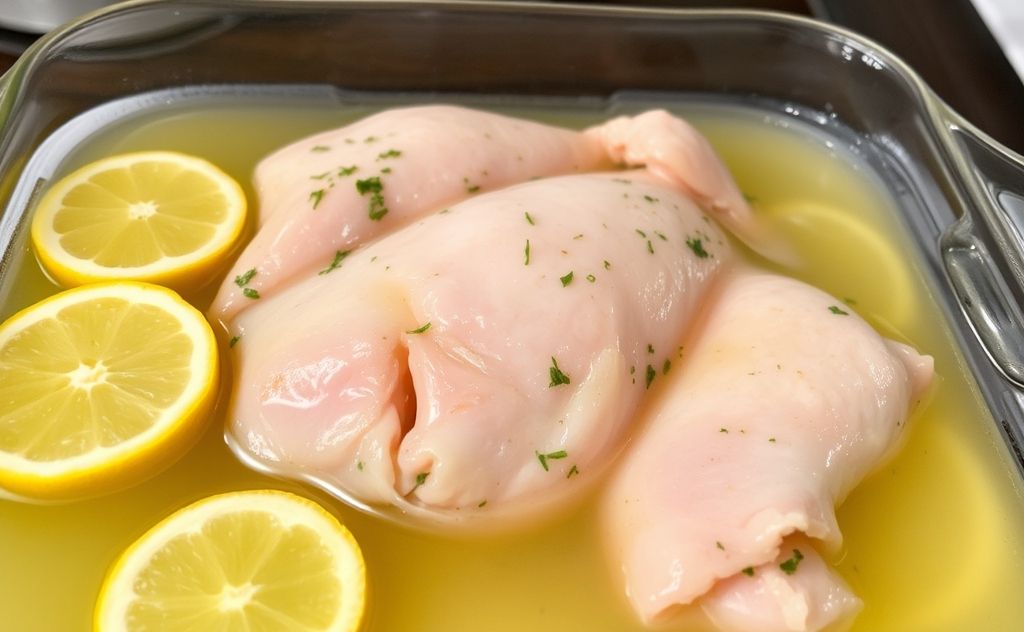 Marinated chicken soaking in lemon juice overnight