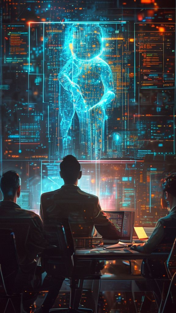 ภาพผู้เชี่ยวชาญ AI ชี้แนะทีมงานในบรรยากาศข้อมูลเรืองแสง