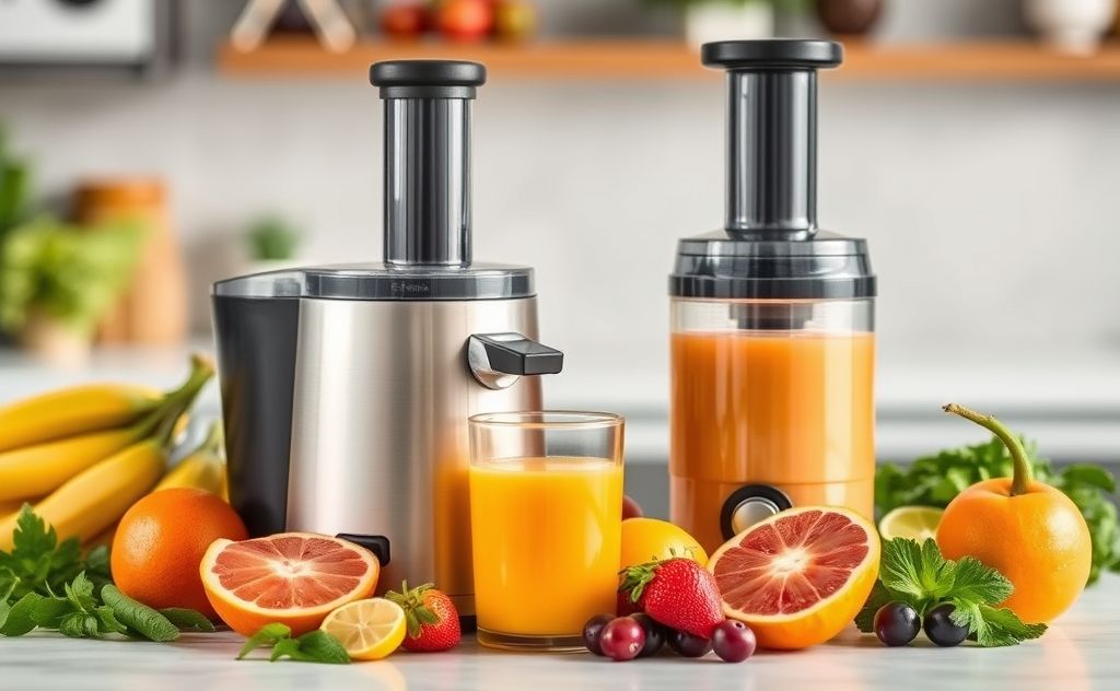 Masticating juicer with fresh juice and fruits