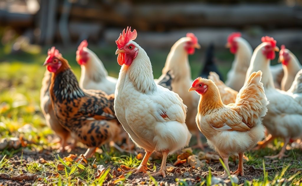 Mating season for chickens in springtime warmth
