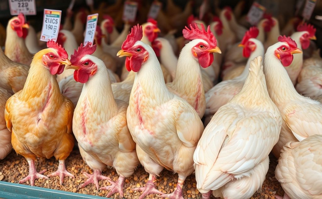 Meat chickens for sale with price tags in a market