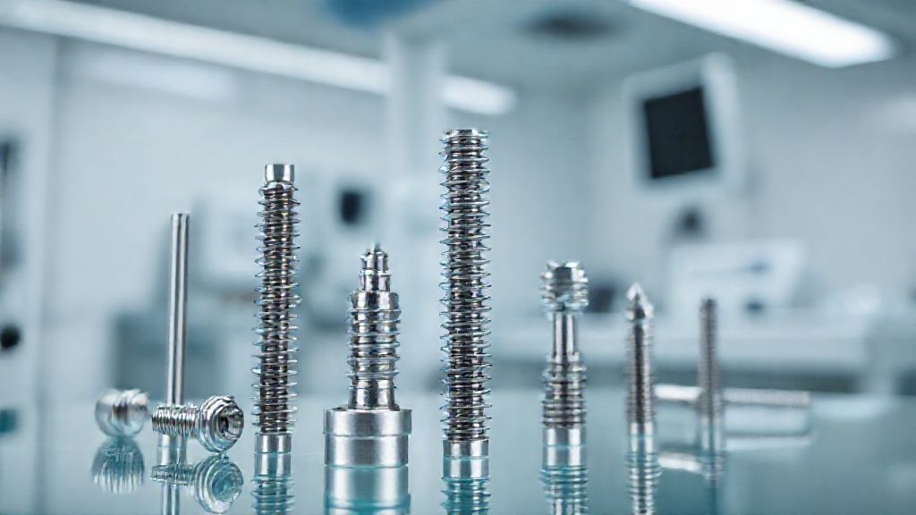 Various medical titanium implants, such as bone plates and screws, meticulously arranged in a sterile cleanroom, highlighted by gentle lighting to showcase their precision and suitability for human body contact.